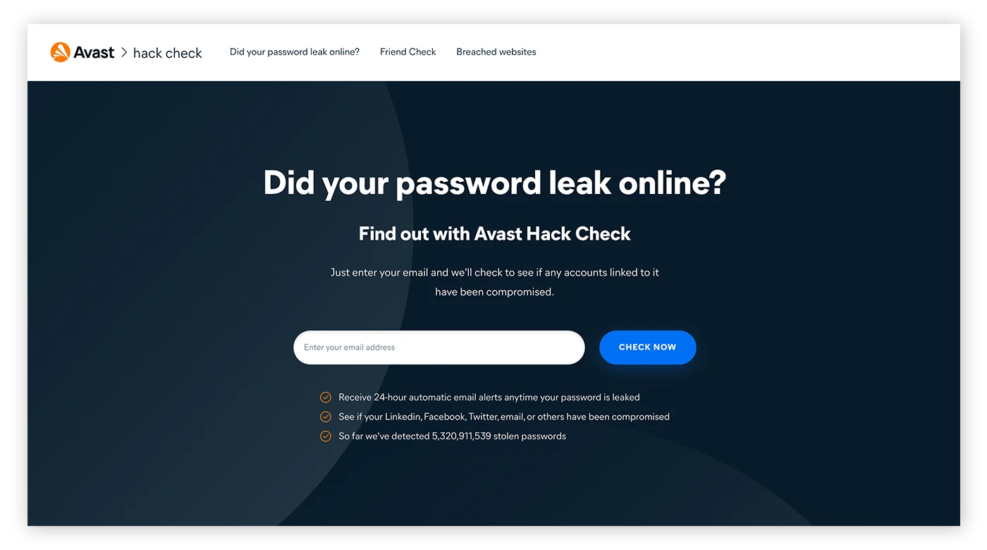 Avast Hack Check是一个免费工具，用来检查您的个人数据是否被泄露。