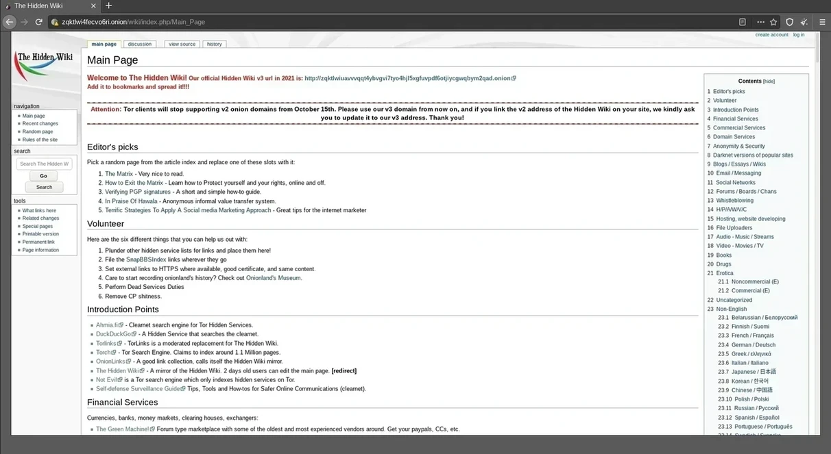 被称为The Hidden Wiki的暗网版维基百科的主页。